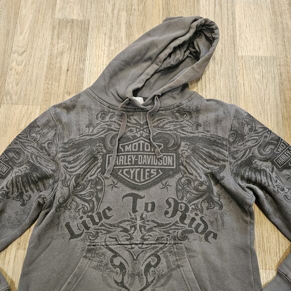 Harley Davidson Y2K Style Hoodie Mens S Gray Flames AOP Biker Tattoo RARE Style - Picture 2 of 9